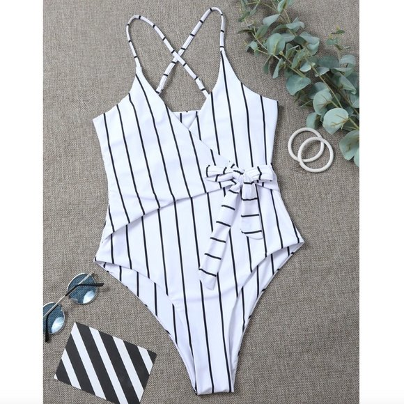 SHEIN Other - SHEIN Striped Knot Front One Piece Swimsuit White Black Stripe Tie Bow Small SM